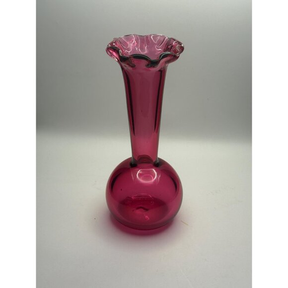 Vintage Pilgrim (?) Handblown Cranberry Glass Bud Vase – 7” Tall with Ruffled Ri - Picture 5 of 9
